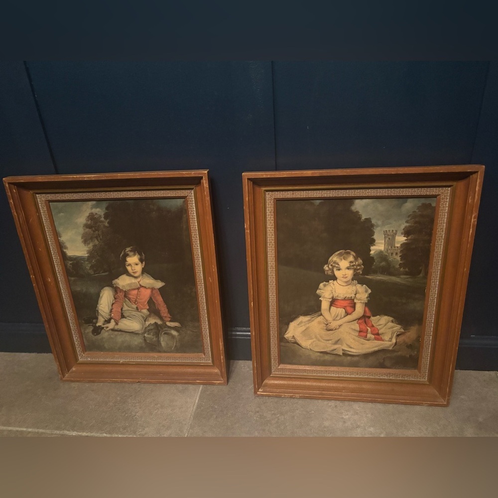 Vintage framed Haans Volkman prints of Little princess girl and Lord‎ Seaham boy